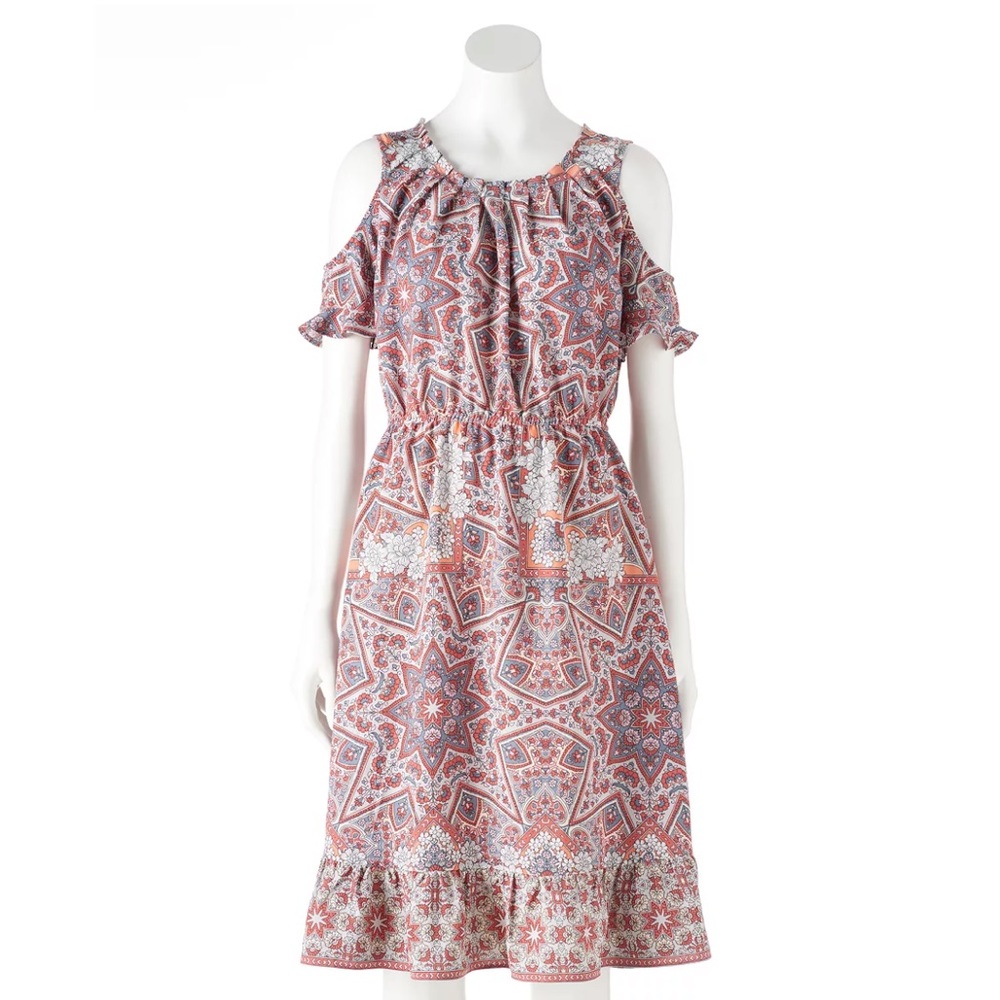 LC Lauren Conrad | Cold-Shoulder Ruffle Midi Dress Floral Mosaic Tin Foil Medium